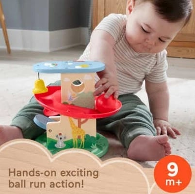 Lodër druri Fisher Price Wooden Treehouse Ball Run, me top, shumëngjyrëshe, për fëmijë të vegjël