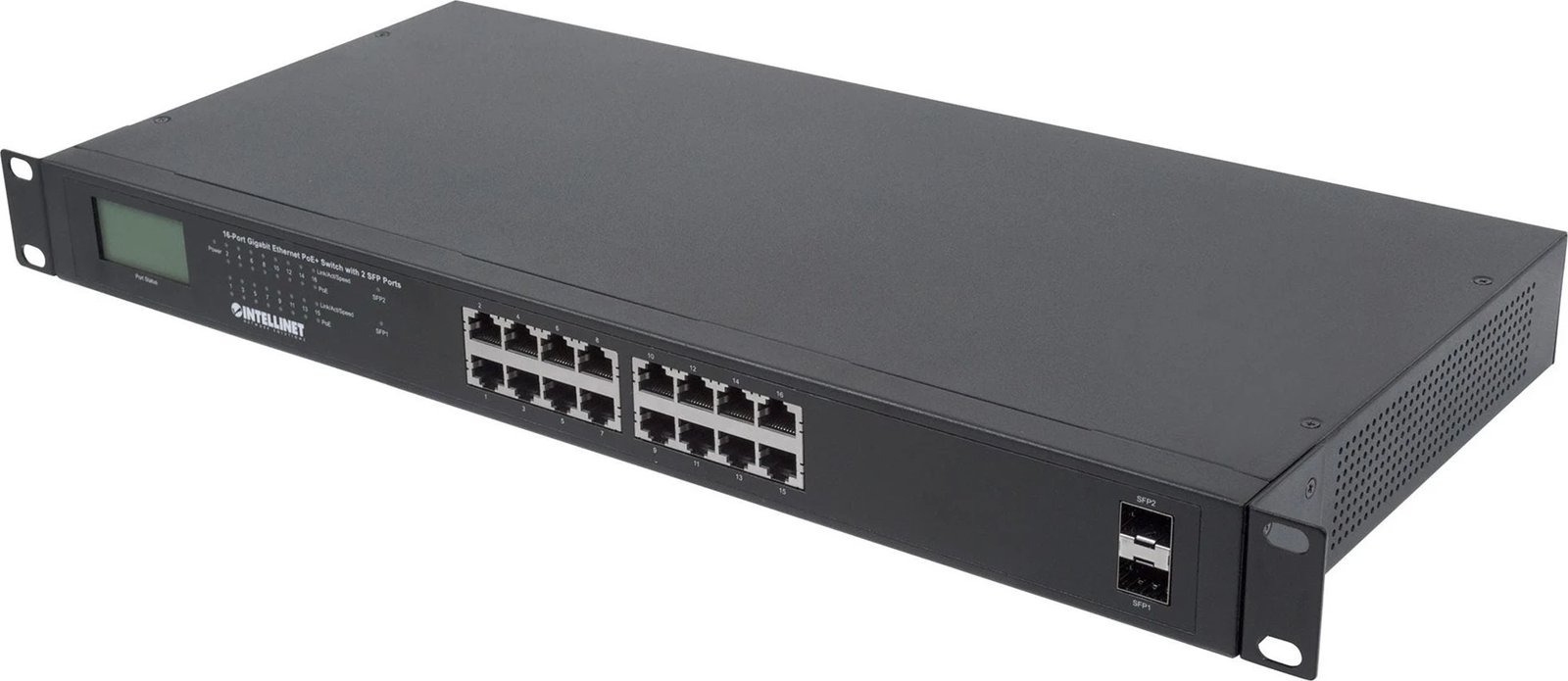 Switch Ethernet Gigabit PoE+ Intellinet me 16 Porta dhe 2 Porta SFP, i Zi