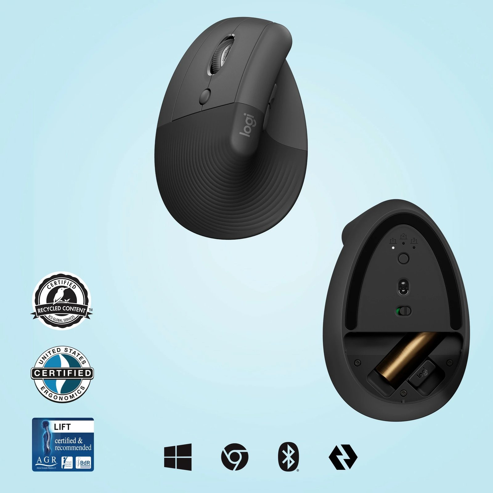 Maus Logitech Lift Left Vertical Ergonomic, i majtë, dizajn vertikal, optik, RF Wireless + Bluetooth, 4000 DPI, Grafit