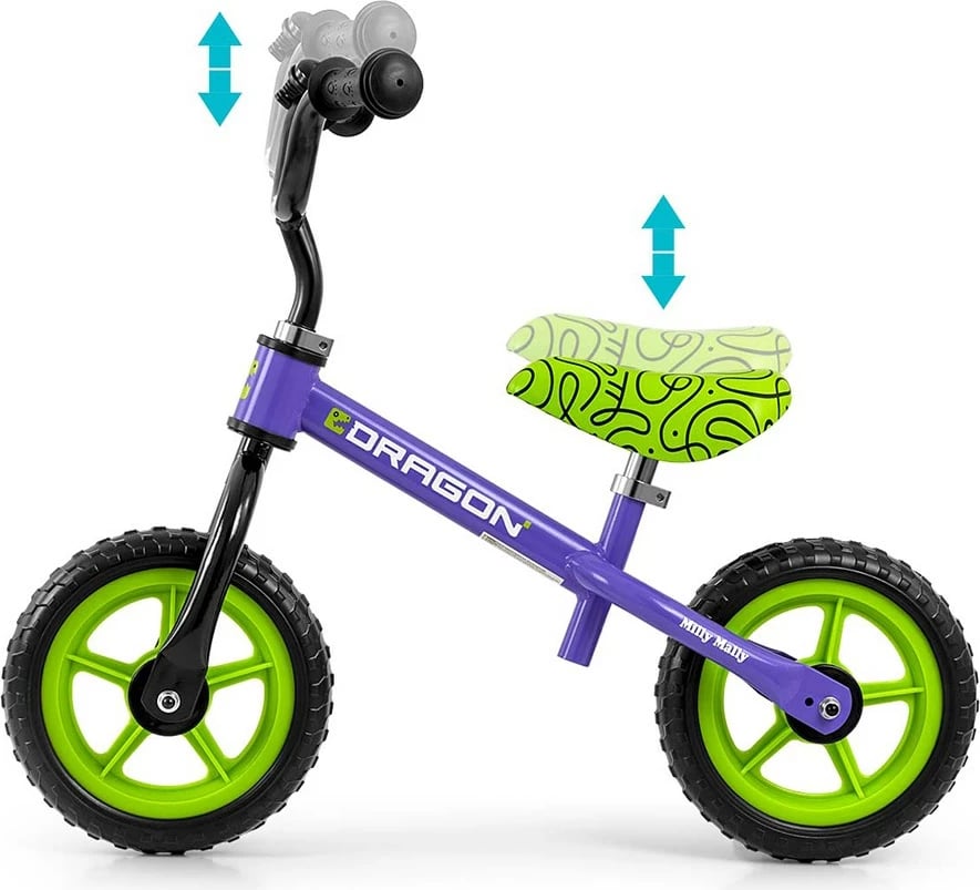 Biçikletë pa pedale, Milly Mally Dragon, rrota shkumë 10", kornizë çelik e lehtë, zile, lartësi e rregullueshme, vjollcë