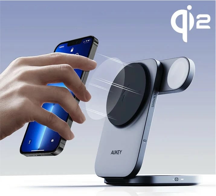Karikues wireless 3-në-1 AUKEY LC-MC312 MagSafe Qi2, 15W + Karikues PD 30W, Gri, me etui