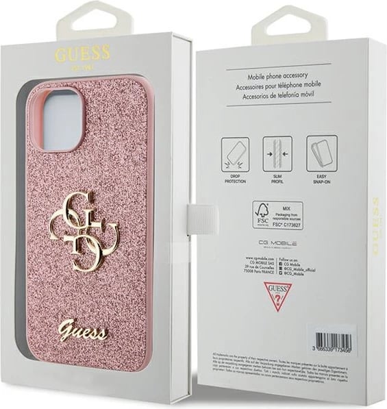 Mbështjellës Guess Glitter Script Big 4G për iPhone 15, Rozë