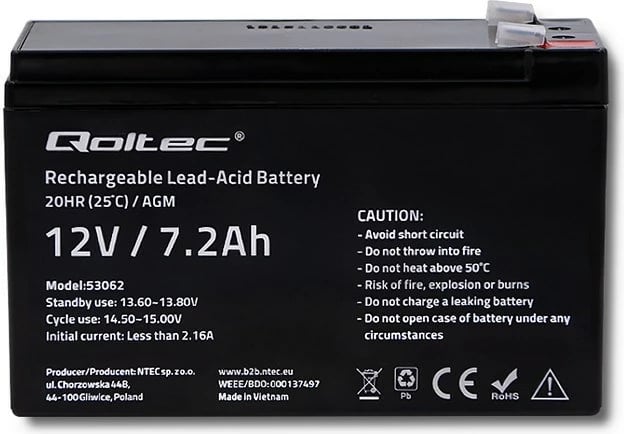 Bateri Qoltec AGM 53062 12V  7.2 Ah |max 108A