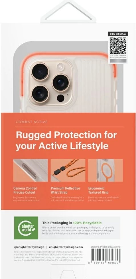 Mbështjellës UNIQ Combat Active Magclick Charging për iPhone 16 Pro, Portokalli