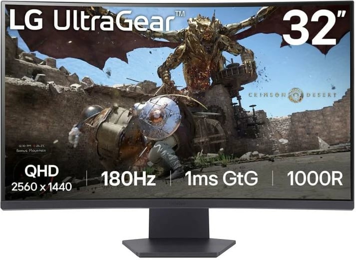 Monitor gaming LG UltraGear 32GS60QC-B/32GS60QCB 32", QHD 2560×1440, 180Hz, 1ms GtG, i lakuar 1000R, zi