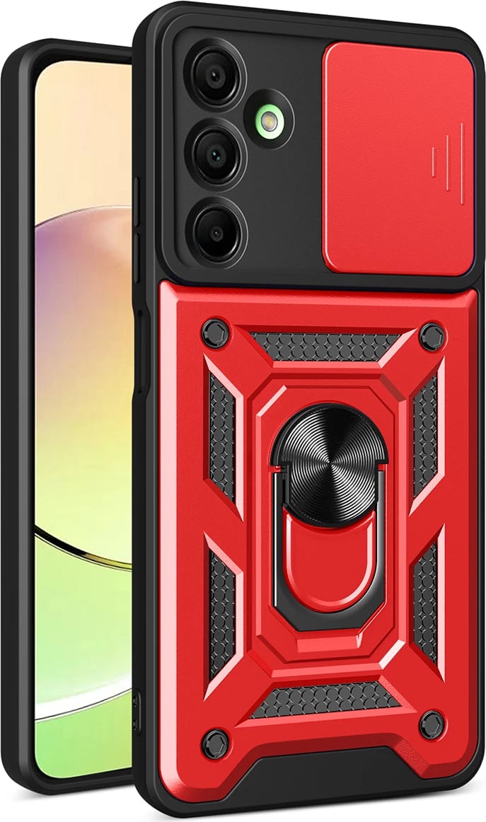Mbështjellës Hurtel Hybrid Armor Camshield me kapak kamere dhe unazë metalike për Samsung Galaxy A16 / A16 5G, Kuqe