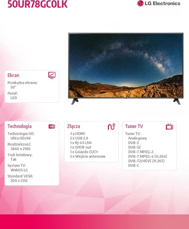 Televizor LED LG 50UR78GC0LK, 50 inç, 4K UHD, Smart TV, i zi