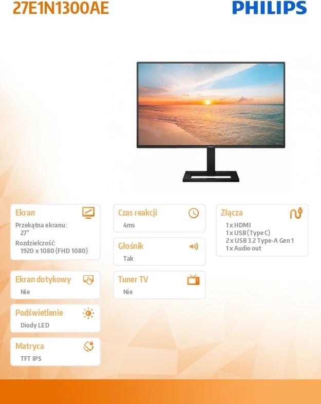 Monitor Philips 27E1N1300AE, 27", IPS, 100Hz, Full HD, USB-C, HDMI, Altoparlantë, Zi