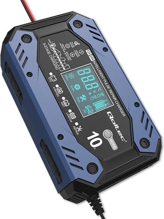 Karikues inteligjent Qoltec 52482, 12-24V, 10A, LCD, Blu