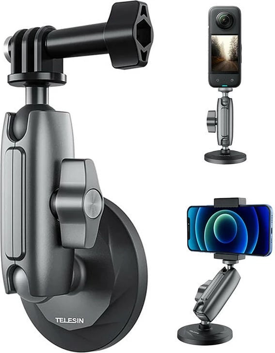 Mbajtëse magnetike për kamera sportive, Telesin CMM-001, magnete neodymium 3600GS, kokë dyfishe me top 1/4" dhe GoPro, aliazh alumini, e palosshme