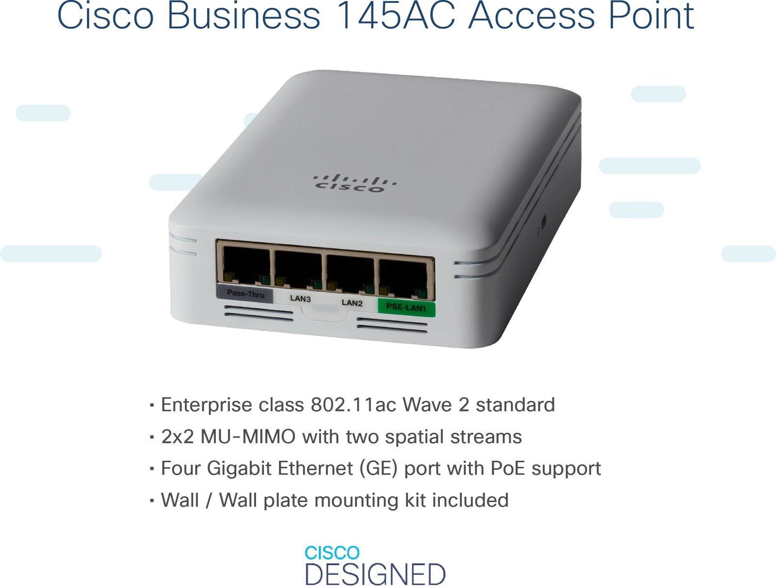 Access point Cisco Business 145AC, 802.11ac, 2x2 Wave 2, 4 porta GbE, PoE, gri