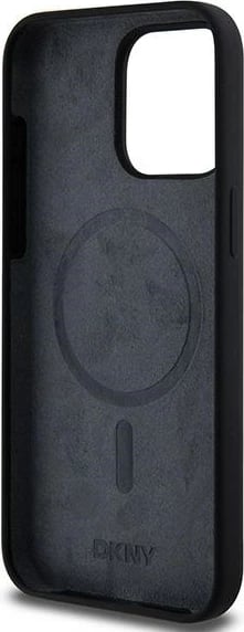 Mbështjellës DKNY Liquid Silicone me logo të bardhë, MagSafe, për iPhone 15 Pro Max, zi