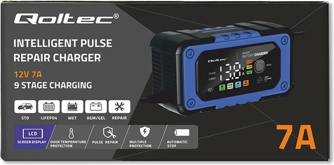 Karikues baterie Qoltec 52486, 12V, 7A, me funksion riparimi, LED, i zi/blu