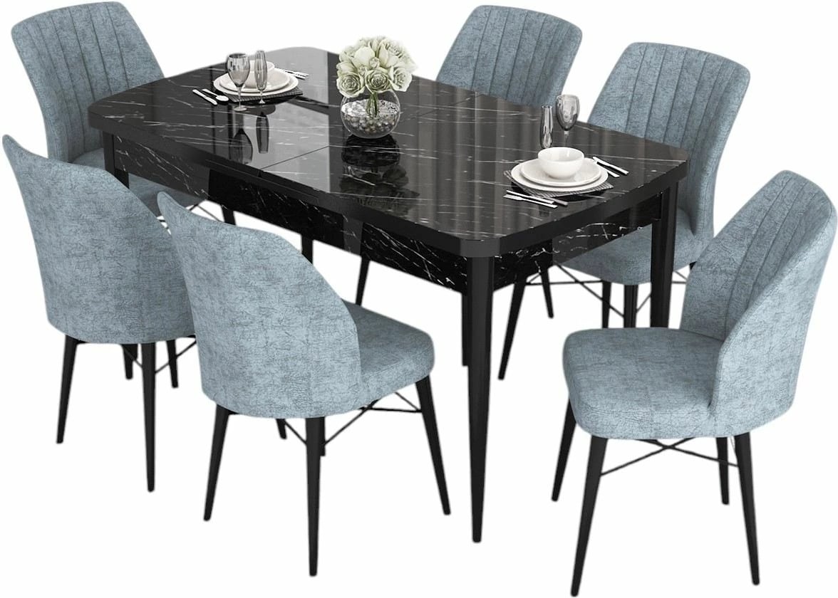 Tavolinë me karrige, set 7 pjesësh, zgjatshme, Skye Decor, mermer i zi, gri