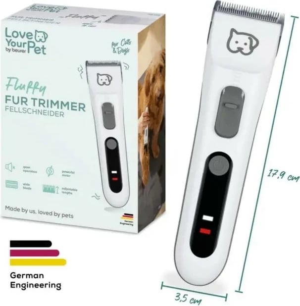 Makinë qethëse për kafshë Beurer PP110, rregullim 0.6–25 mm, teh çelik inox, bateri 4 orë, përdorim me kabllo/pa kabllo, set 9-copësh, bardhë/gri