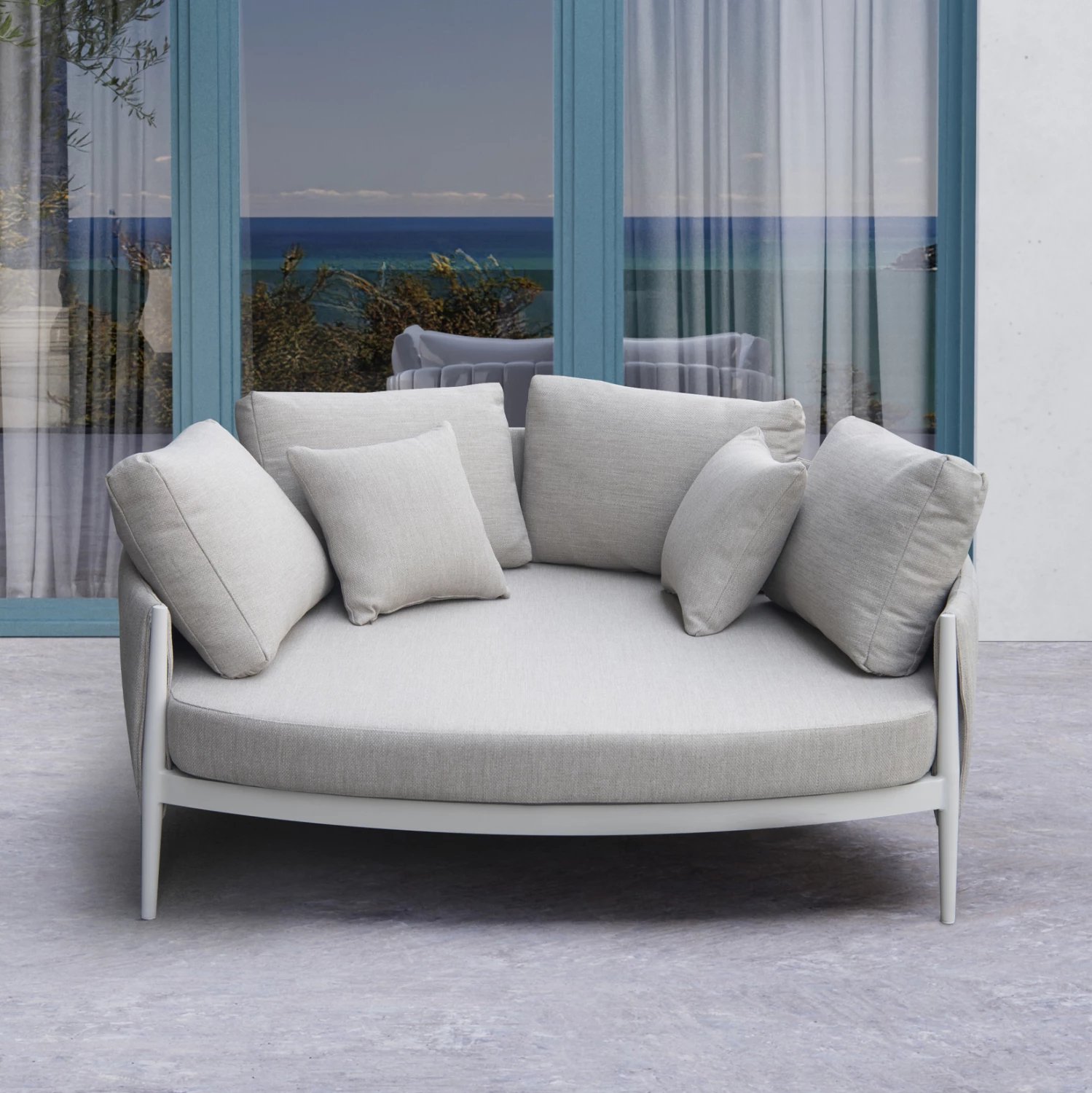Daybed gjysmë-rrethore për dy persona, alumin, ngjyrë krem e bardhë, pëlhurë OLEFIN & rrip, 164x144x70cm