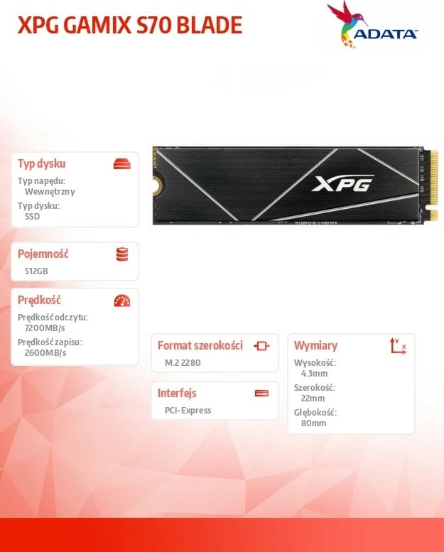 SSD Adata XPG GAMMIX S70 BLADE, 512GB, M.2 2280, PCIe 4x4, i zi