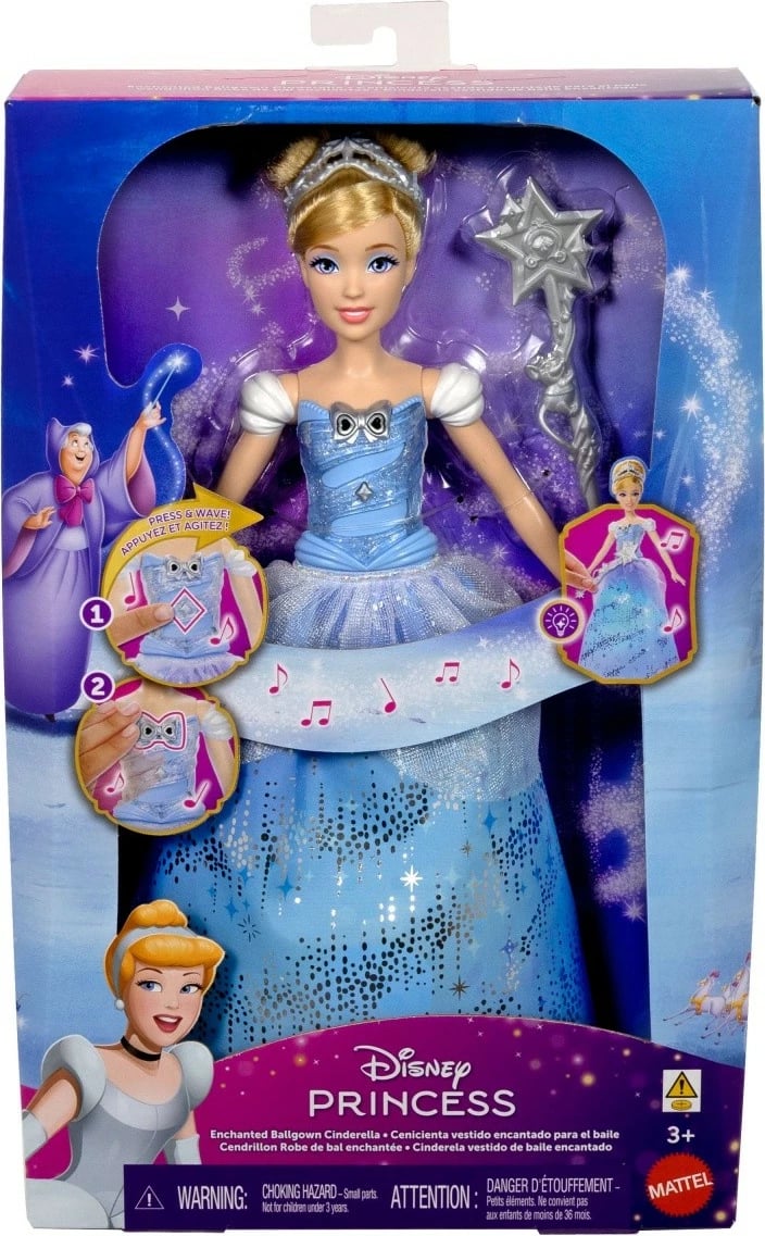 Kukull Disney Princess Cinderella me fustan magjik, Mattel JBF94, me shkop magjik, Blu