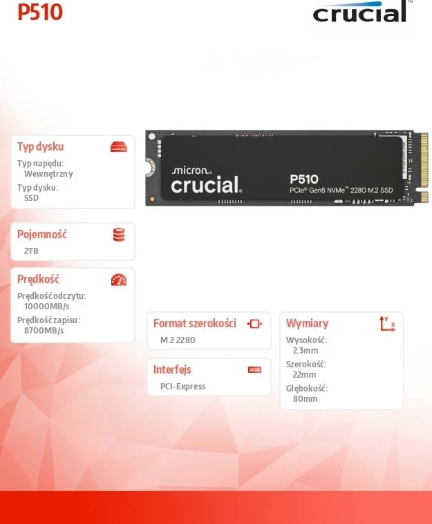 SSD Crucial P510, 2TB, M.2 NVMe Gen5 2280, 10000/8700 MB/s