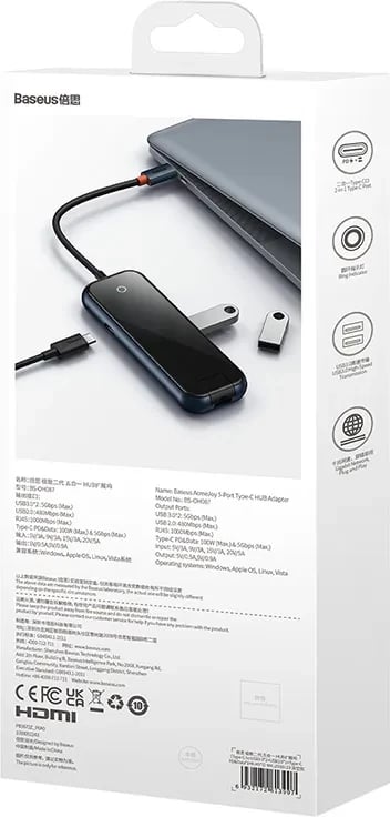 Kasë Baseus AcmeJoy 5-Port HUB Adapter USB-C, 2x USB 3.0, USB 2.0, USB-C PD, RJ45, Gri
