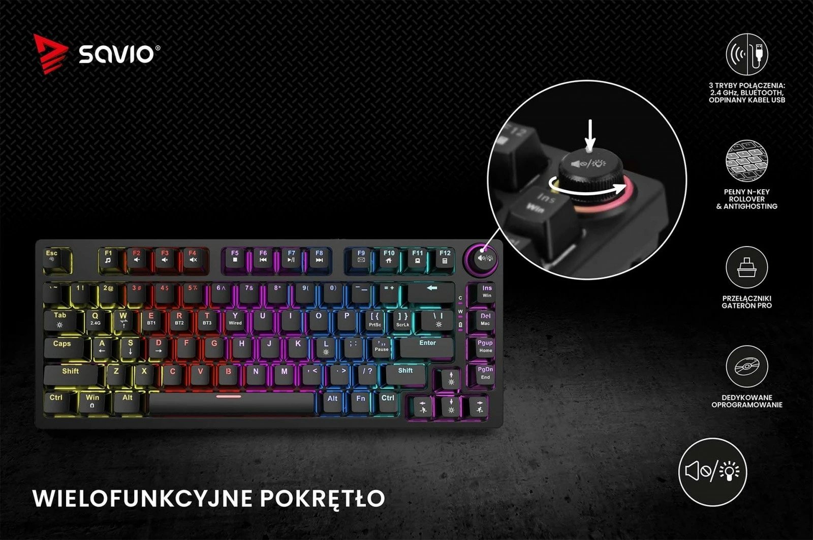 Tastierë mekanike wireless Savio Phenix, Gateron Red Pro, 82 taste, RGB, e zezë