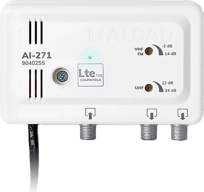 Përforcues sinjali TV Alcad AI-271, 1 hyrje / 2 dalje, LTE700, i bardhë