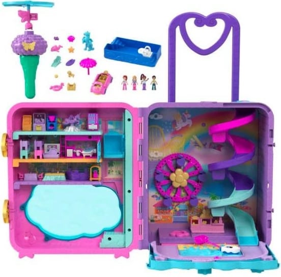 Set lodrash Polly Pocket Mattel HKV43 Vacation Resort me 4 kukulla dhe 1 veturë, rozë