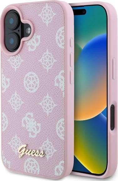 Mbështjellës Guess Peony Script MagSafe për iPhone 16, Rozë