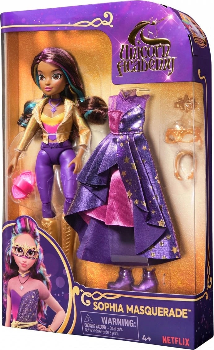 Kukull Unicorn Academy Spin Master Sophia Masquerade me 9 aksesorë, 23 cm, shumëngjyrëshe