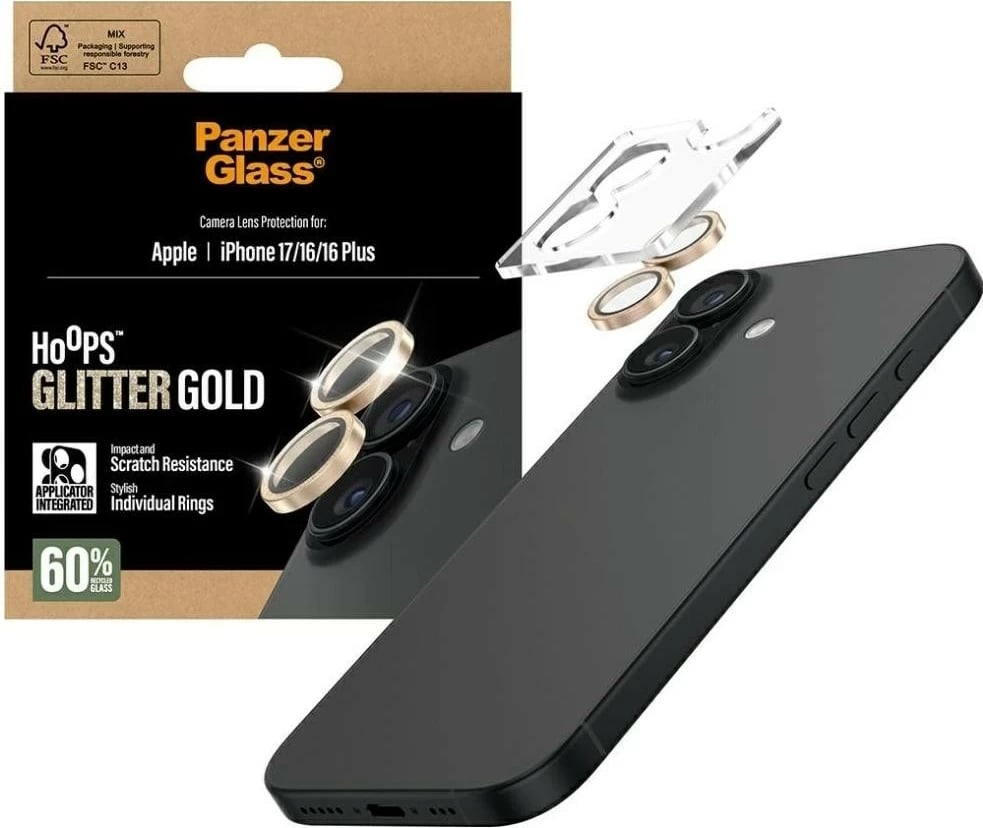 Mbështjellës PanzerGlass Hoops Glitter për kamerë, iPhone 16/16 Plus/17, ari