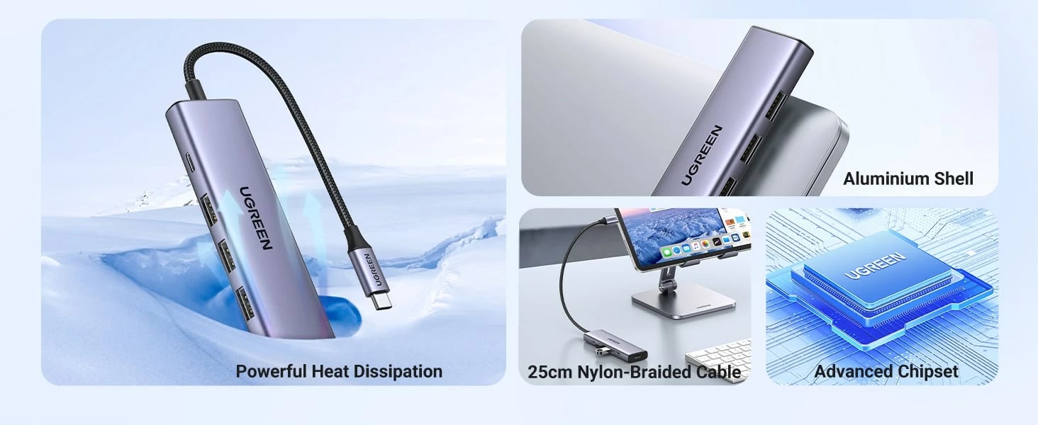 Dock UGREEN 15596 për laptop, 3x USB 3.2 Gen 1 Type-A, 1x USB Type-C, 3x HDMI 2.0, 100W, Alumini