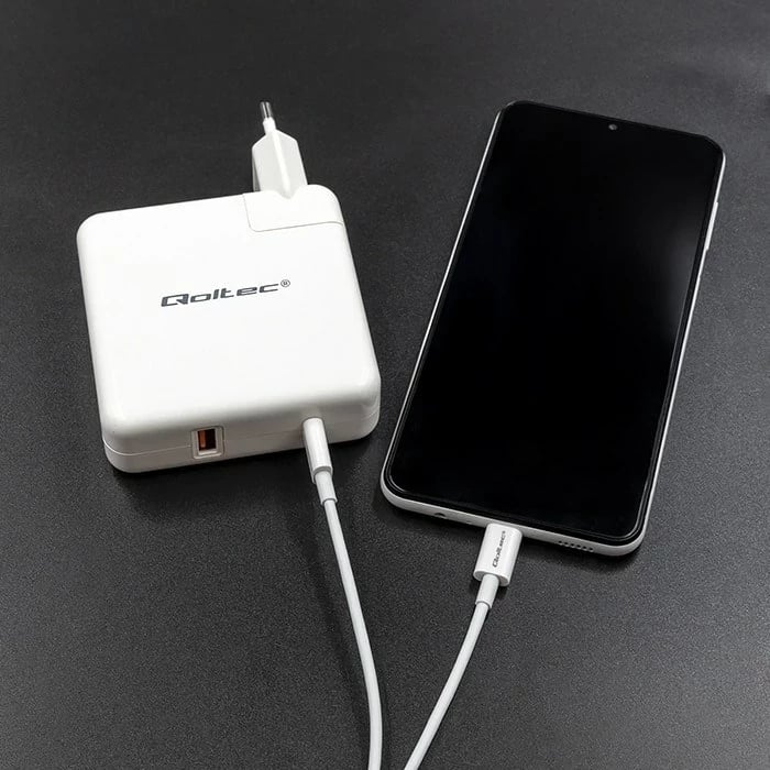 Karikues Qoltec GaN FAST 108W, USB C, Bardhë