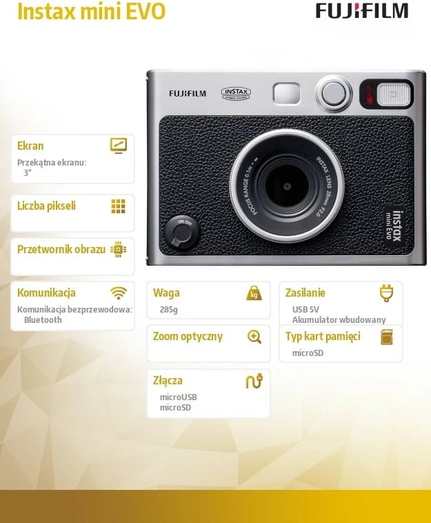 Aparat fotografik Fujifilm Instax mini EVO, 28mm, f/2.0, Ekran 3", Bluetooth, i zi