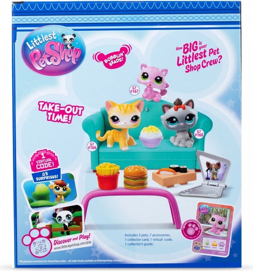 Set figurina, Littlest Pet Shop, LPS00636 Diner Dash Play Pack Snack Time, 3 kafshë + 7 aksesorë, me kod virtual