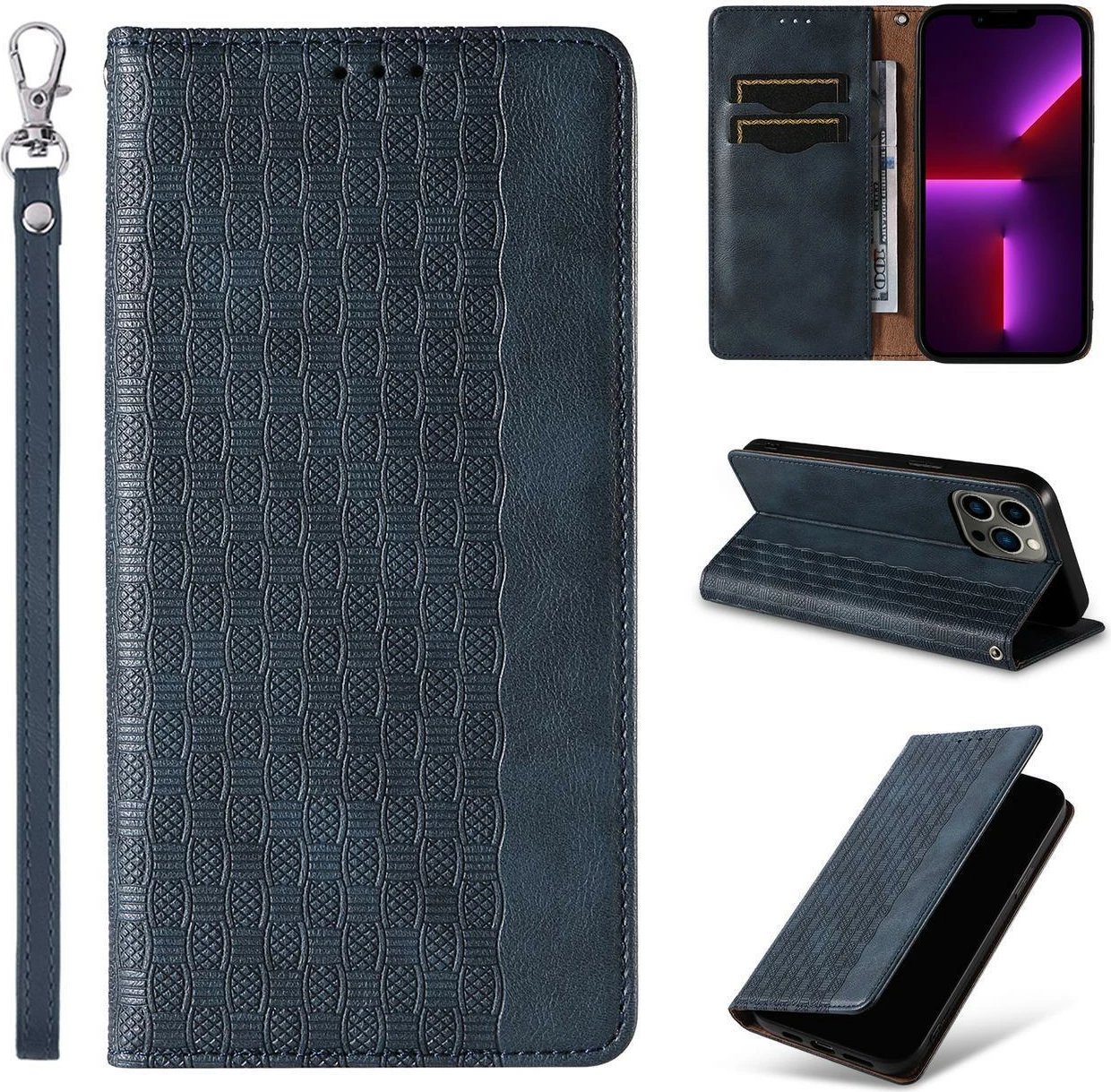 Mbështjellës Hurtel Magnet Strap për iPhone 13 Pro Max, me portofol dhe rrip dore, Kaltër