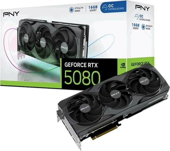 Kartelë grafike PNY GeForce RTX 5080 Overclocked Triple Fan, 16GB DDR7, 256-bit, e zezë