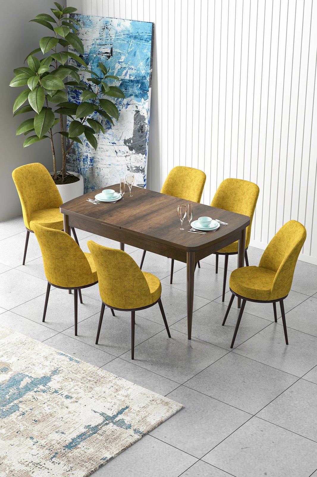 Tavolinë me karrige, zgjatshme, 7 copë, Skye Decor, ngjyrë barok dhe mustard