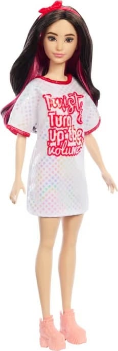 Kukull Barbie Fashionistas Mattel HRH12 me fustan të bardhë, flokë të zinj me vija rozë