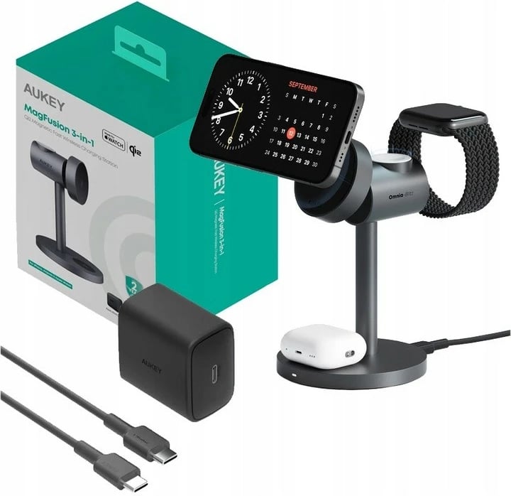 Stacion karikimi wireless 3-në-1 AUKEY LC-MC311 MagFusion, 15W, PD 30W, Gri