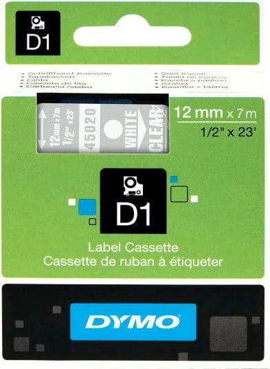 Kasetë shirit etiketues, Dymo D1 45020 (S0720600), 12 mm x 7 m, e bardhë në të tejdukshëm