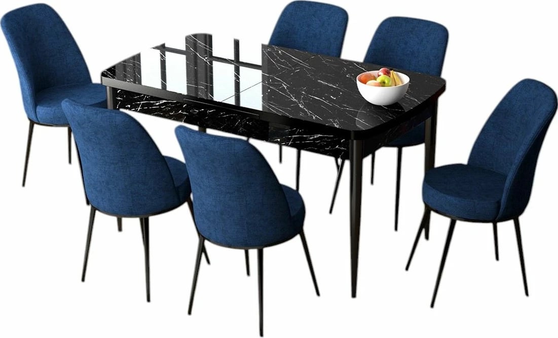 Tavolinë me karrige, zgjatshme, 7 copë, Skye Decor, ngjyrë mermeri të zi dhe blu e errët