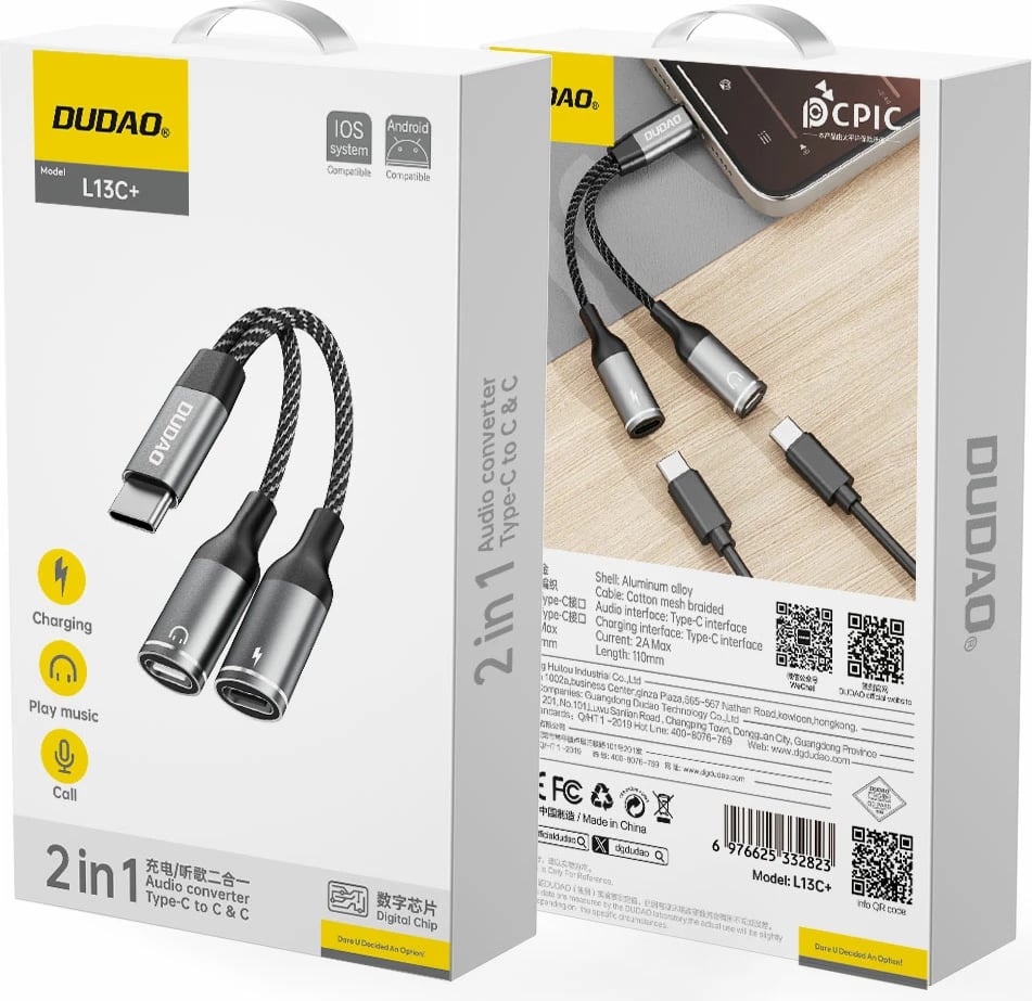 Adapter USB-C Dudao L13C+ 2-në-1, 1.2m, Gri