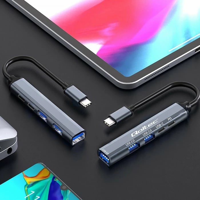 HUB USB-C Qoltec 53790, 5 porte, USB 3.0/2.0/USB-C/PD, grafit