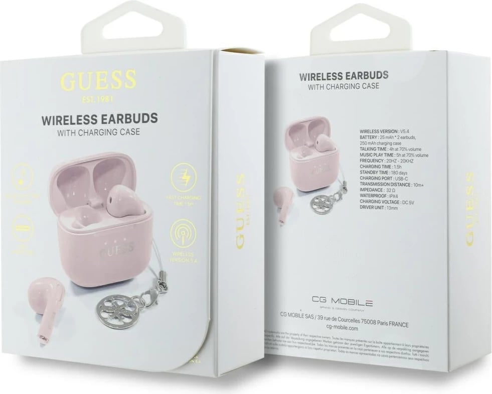 Kufje TWS Guess Glossy Effect me logo, charm dhe kuti karikimi, Rozë
