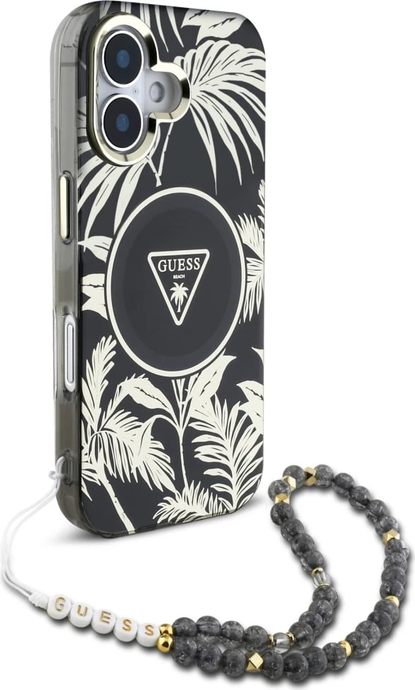 Mbështjellës Guess Palm Trees Triangle Pearl Strap MagSafe për iPhone 16, i zi