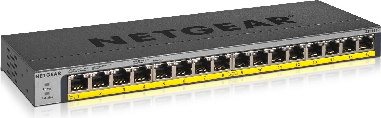 Switch NETGEAR GS116LP, Gigabit Ethernet, PoE, Rack mounting, e zezë