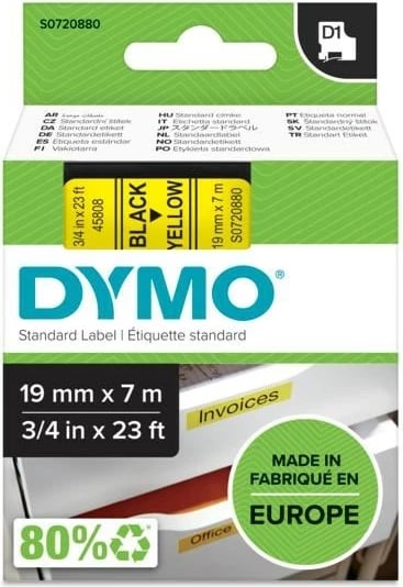 Letër ngjitëse DYMO D1 Standard, 19mm, E zezë në e verdhë