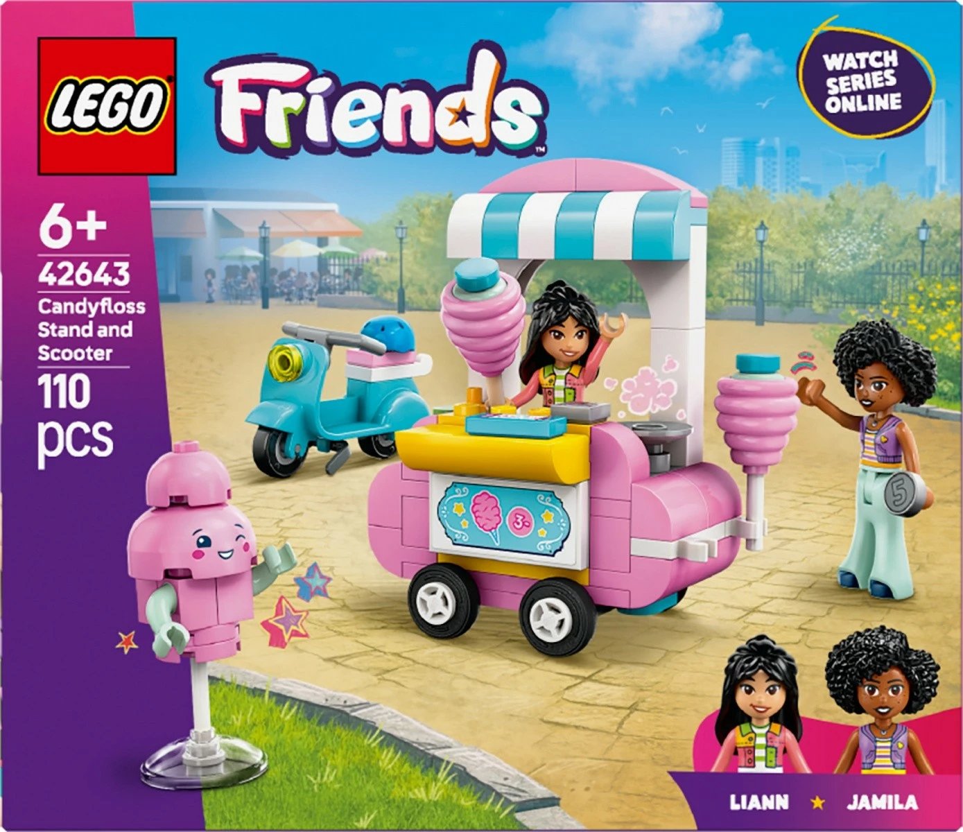 Set ndërtimi LEGO Friends 42643 Cotton Candy Stand me skuter, 110 pjesë, për fëmijë, rozë/blu