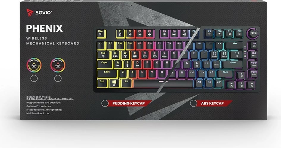 Tastierë mekanike wireless Savio Phenix, Gateron Red Pro, 82 taste, RGB, e zezë