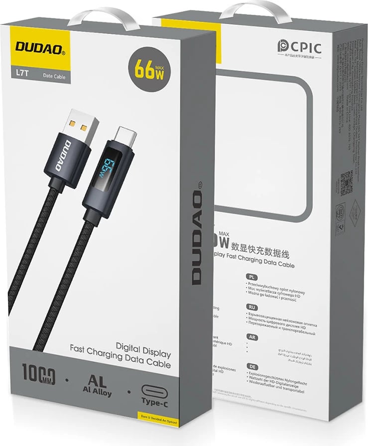 Kabllo Dudao L7T USB-A në USB-C, 1m, 66W, me ekran LED, e zezë